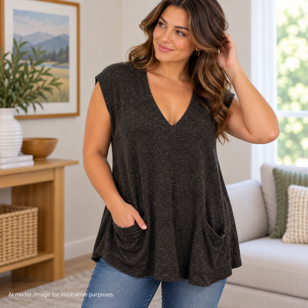 J Jill Sweater Women Small Gray Speckled Silk Cotton V Neck Sleeveless Pockets